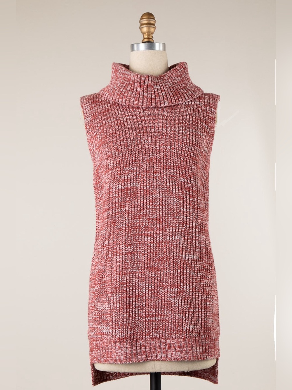 Miracle Cinnabar Turtleneck High-Low Hem Cable Knit Vest